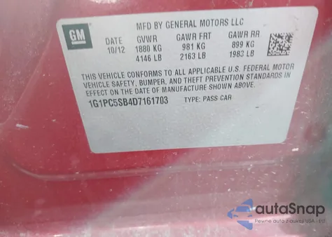 2013 Chevrolet Cruze 1Lt Auto z USA, uszkodzony, nr VIN 1G1PC5SB4D7161703